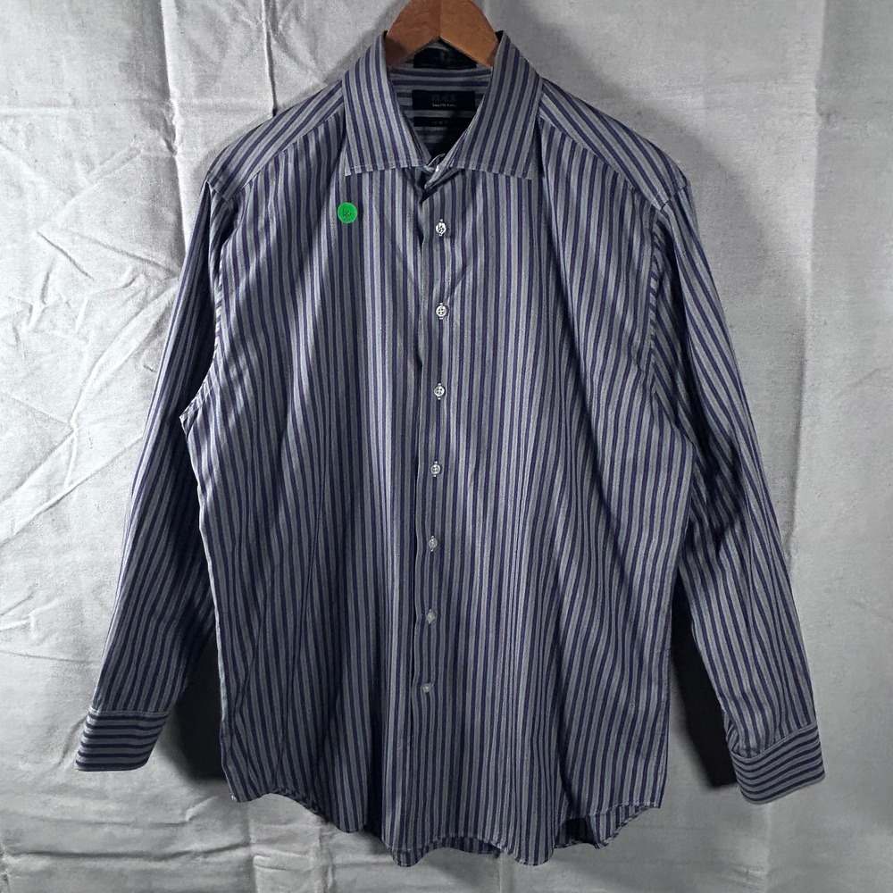 Saks Fifth Avenue BLACK Slim Fit Mens Dress Shirt 16.5 32/33 Purple Blue Stripe